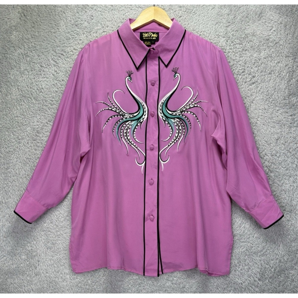 VTG Bob Mackie Womens L Pink 100% Silk Embroidered Peacock Blouse Button Down